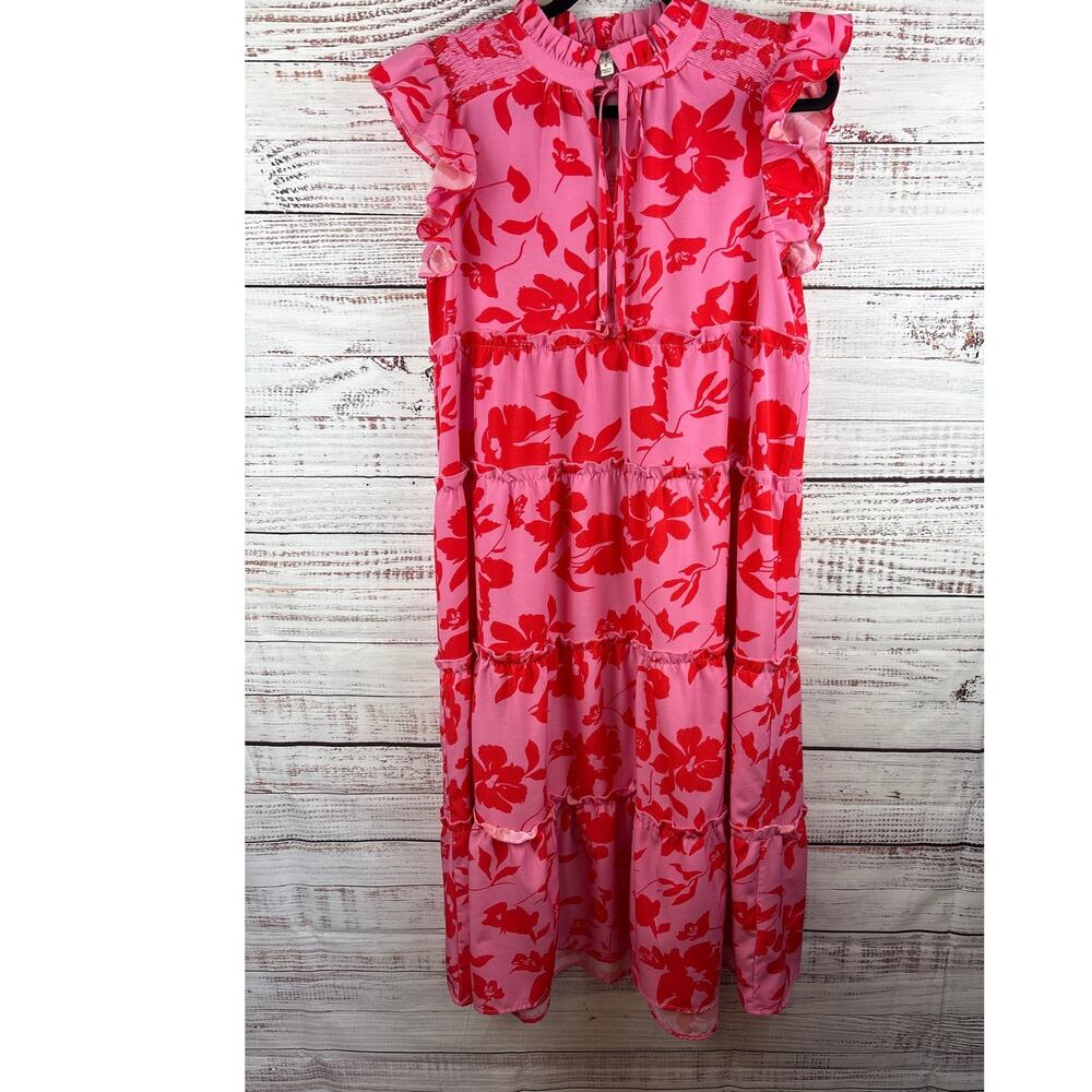 Womens Umgee Pink Red Floral Midi Tiered Flutter Sleeve Ruffle Neckline Dress M